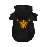 Black pet hoodie with yellow bull graphic. 