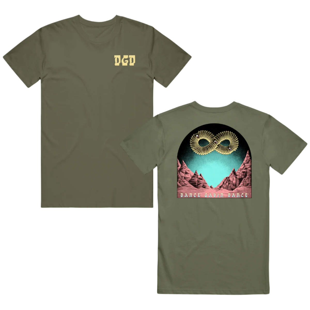 Military green t-shirt with a graphic print on the front and 'DGD' logo on the upper left side, featuring a modern classic fit.