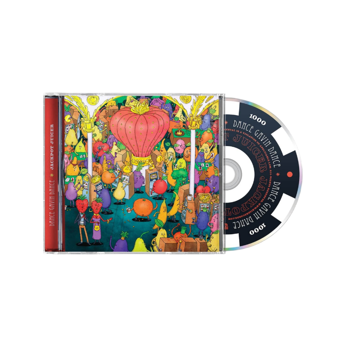 Image of Dance Gavin Dance Jackpot Juicer CD on white background with cd exposed to show art on disc. Disc resembles a 1000 black and white poker chip. 