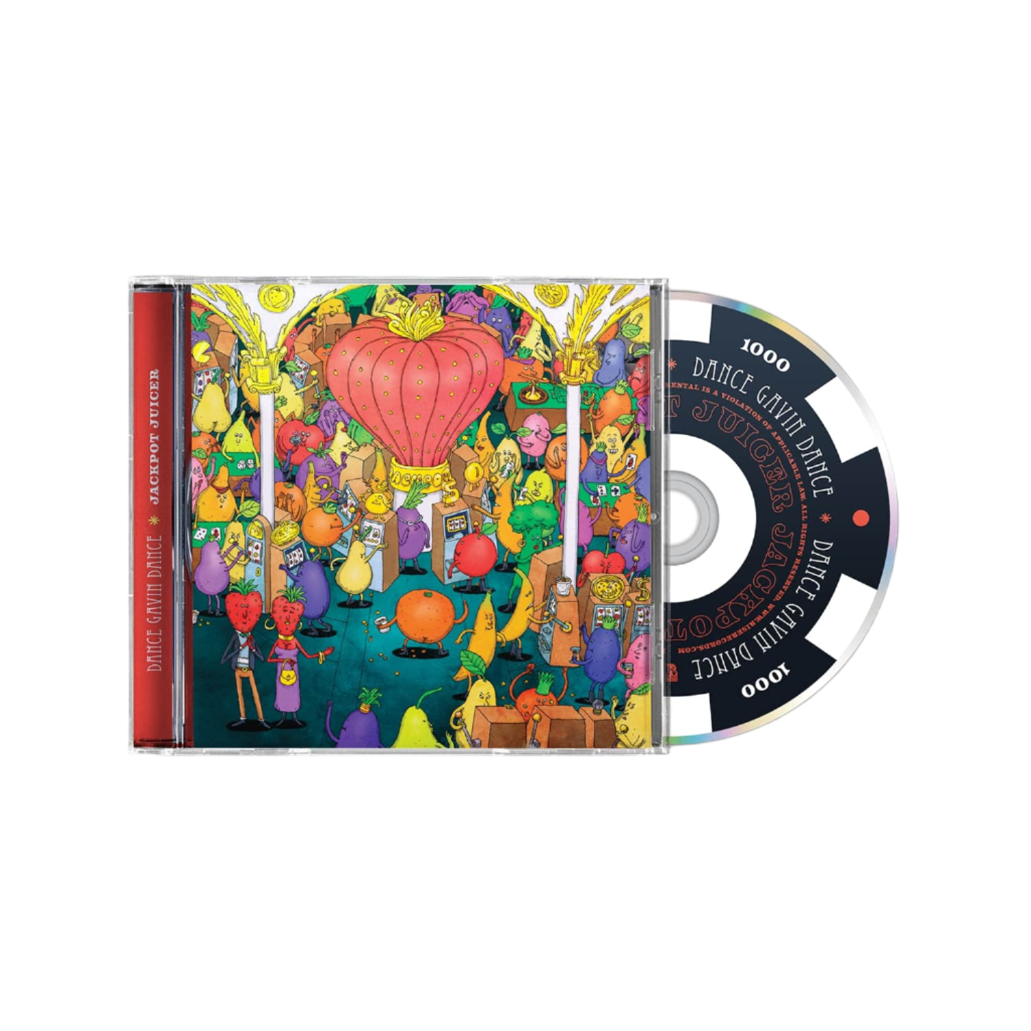Image of Dance Gavin Dance Jackpot Juicer CD on white background with cd exposed to show art on disc. Disc resembles a 1000 black and white poker chip. 