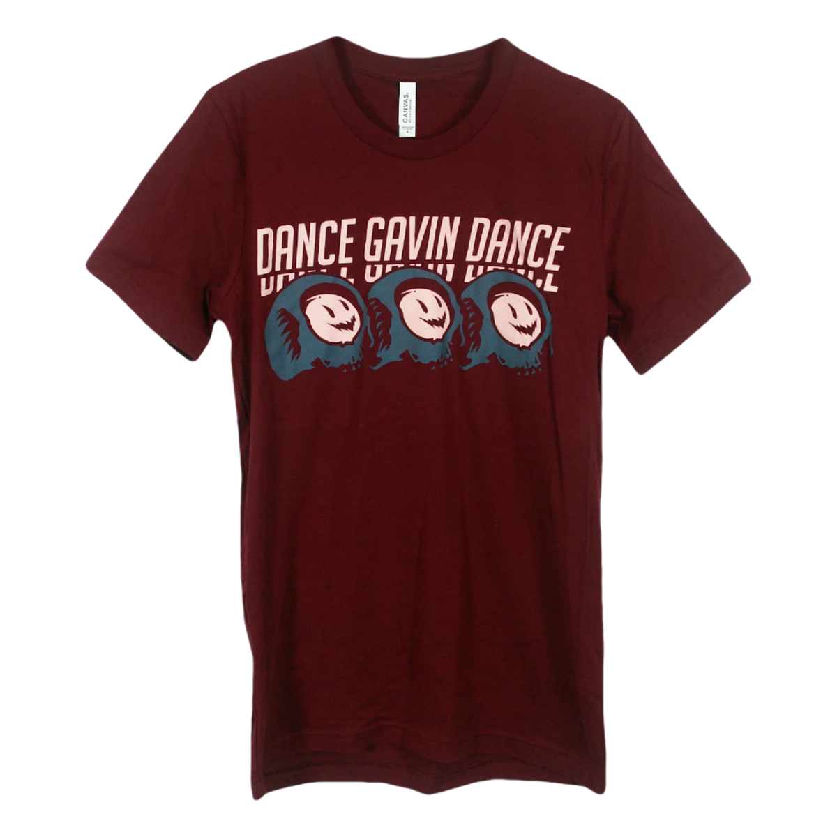 Maroon t-shirt with 'Dance Gavin Dance' text and graphics on the front.
