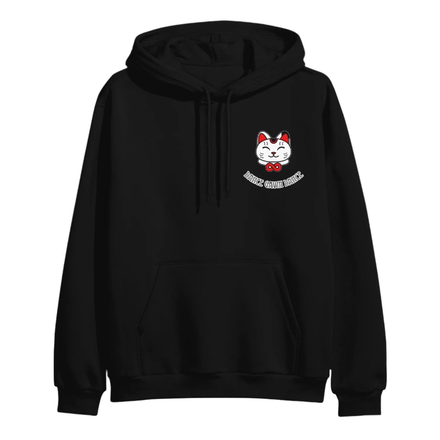 Black hoodie with a cat graphic and text 