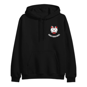 Black hoodie with a cat graphic and text 