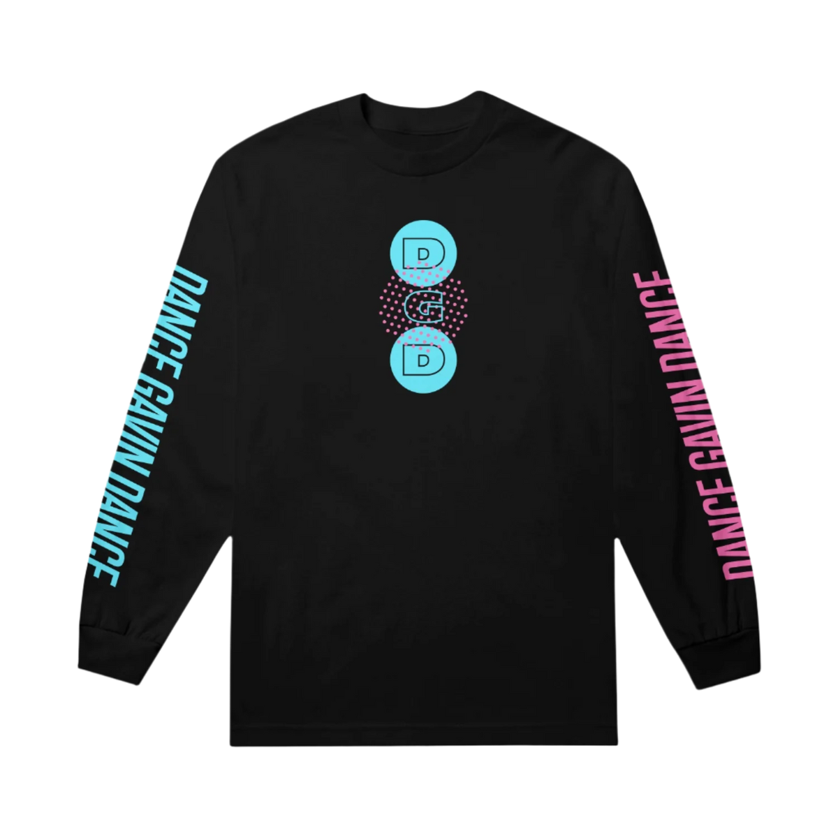 Black long-sleeve shirt with colorful graphics and text 