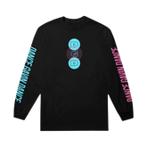 Black long-sleeve shirt with colorful graphics and text 