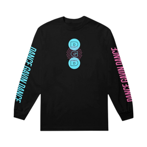 Black long-sleeve shirt with colorful graphics and text 