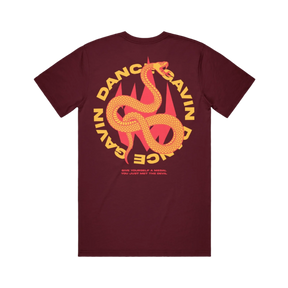 Maroon t-shirt with a snake graphic and Dance Gavin Dance text.  