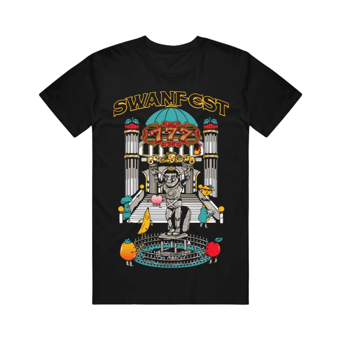 Black t-shirt with colorful Swanfest graphic design 