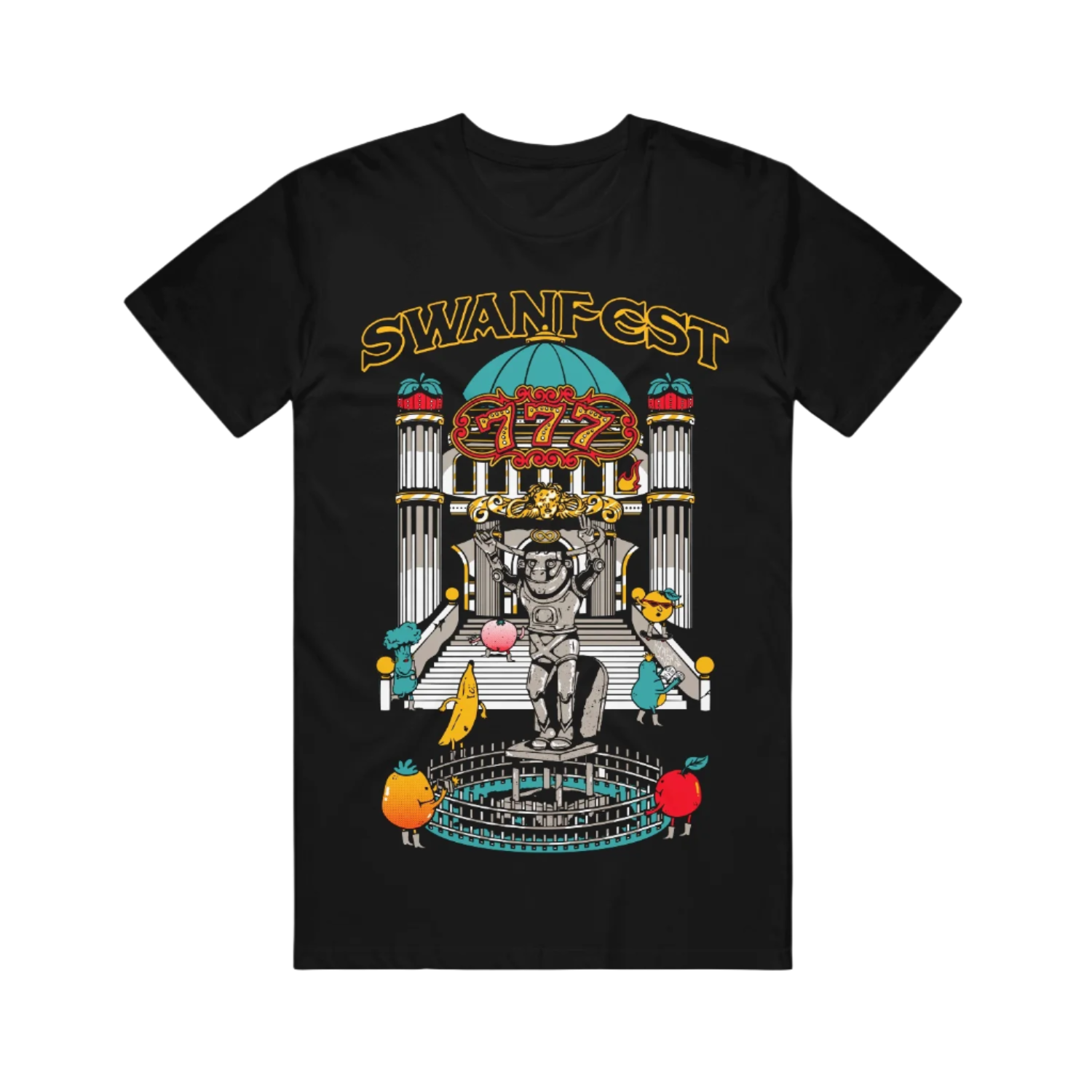 Black t-shirt with colorful Swanfest graphic design 