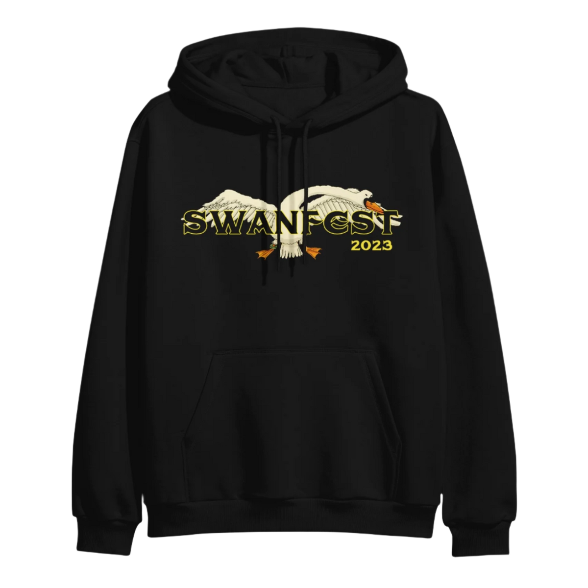 Black pullover hoodie with 'Swanfest 2023' printed on the front, featuring a hood, pouch pocket, and long sleeves.
