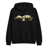 Black pullover hoodie with 'Swanfest 2023' printed on the front, featuring a hood, pouch pocket, and long sleeves.