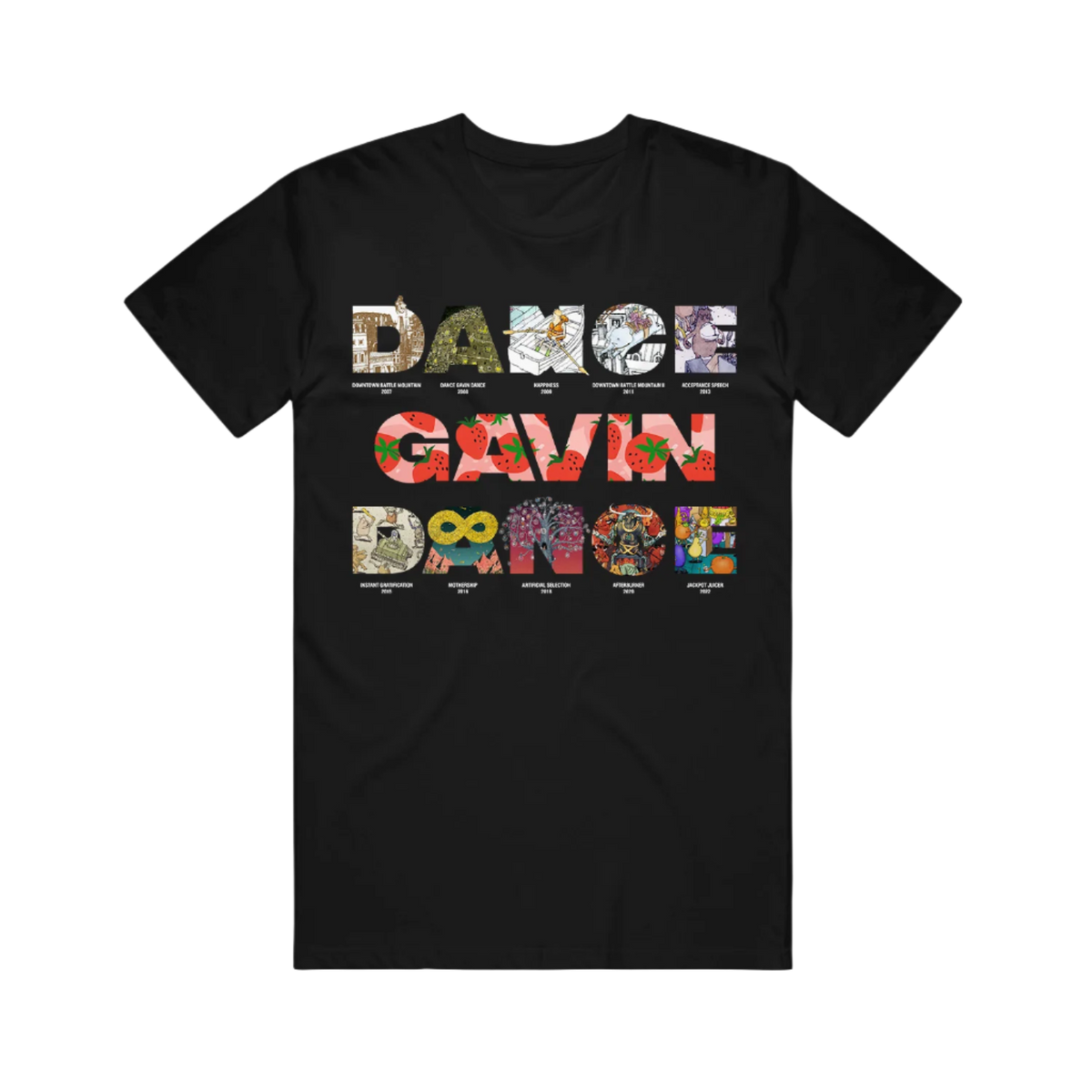 Black T-shirt with the text 'DANCE GAVIN DANCE' and various colorful graphics and text below it.