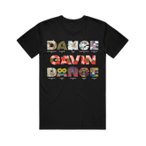 Black T-shirt with the text 'DANCE GAVIN DANCE' and various colorful graphics and text below it.