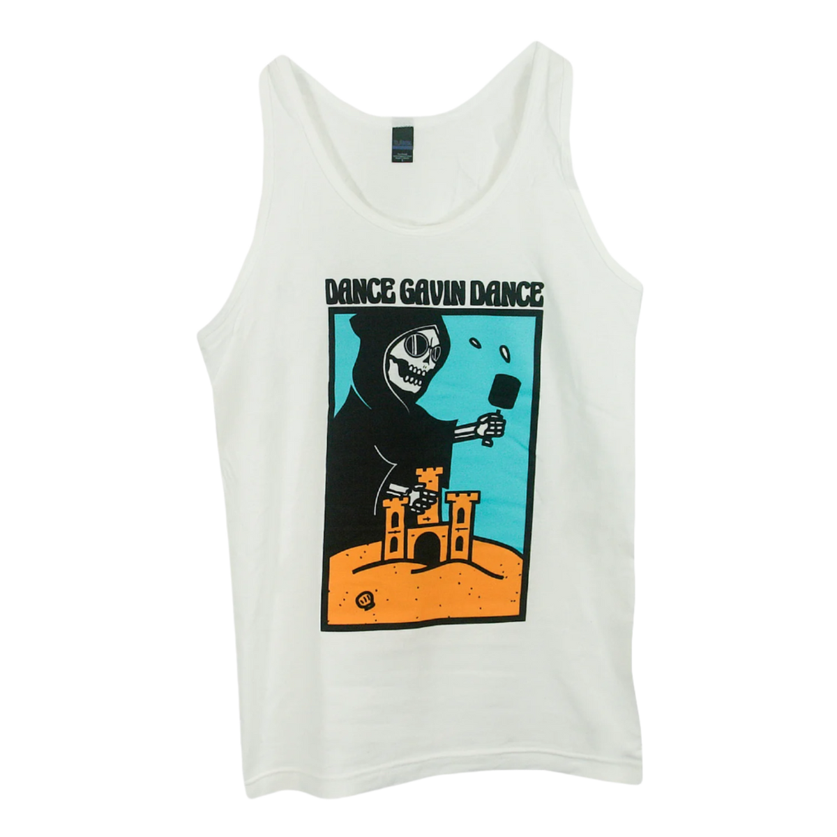 White tank top with graphic print of a character and text 'DANCE GAVIN DANCE' on the front.