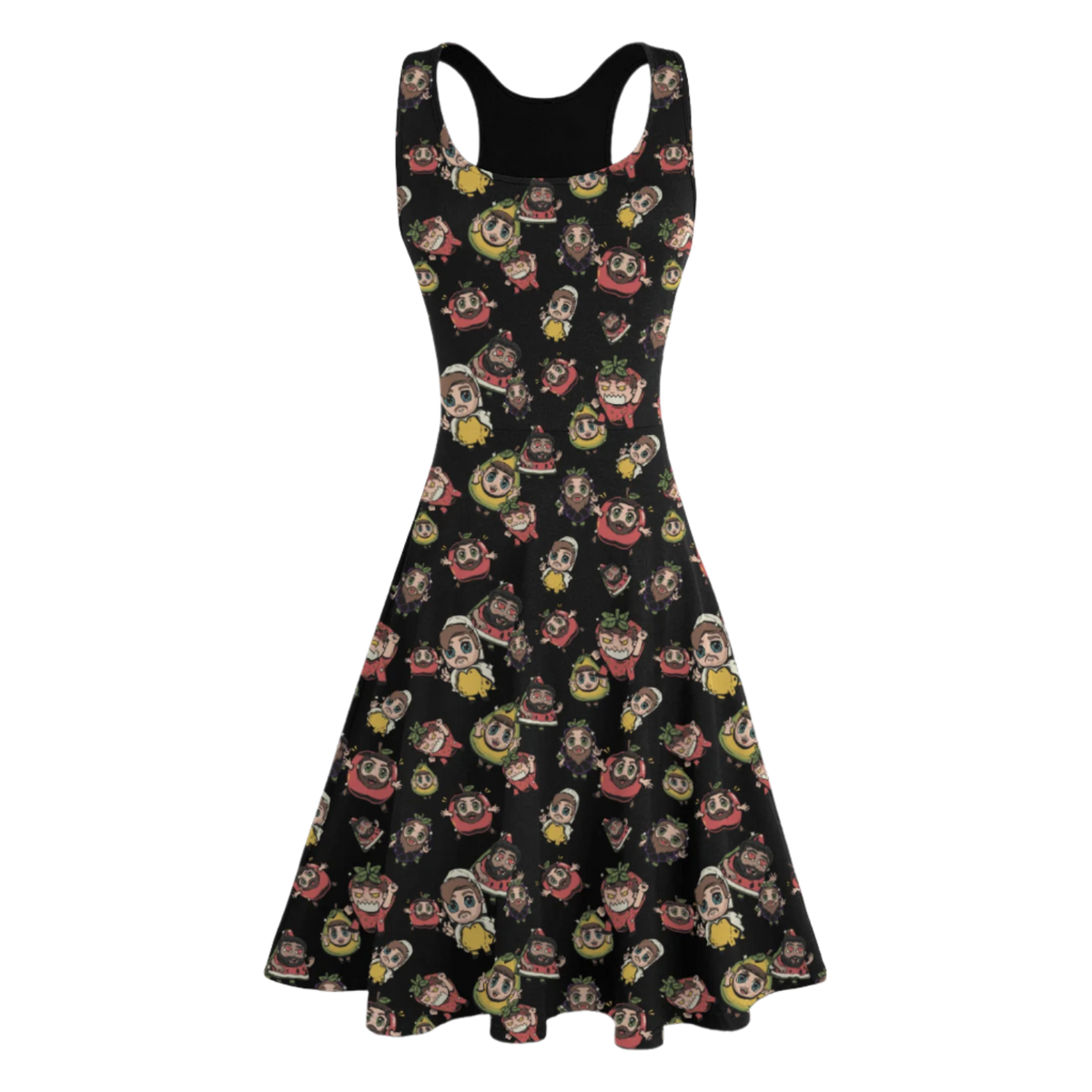 A sleeveless, racerback, round scoop neck, above knee length black dress with a pattern of cartoon characters.