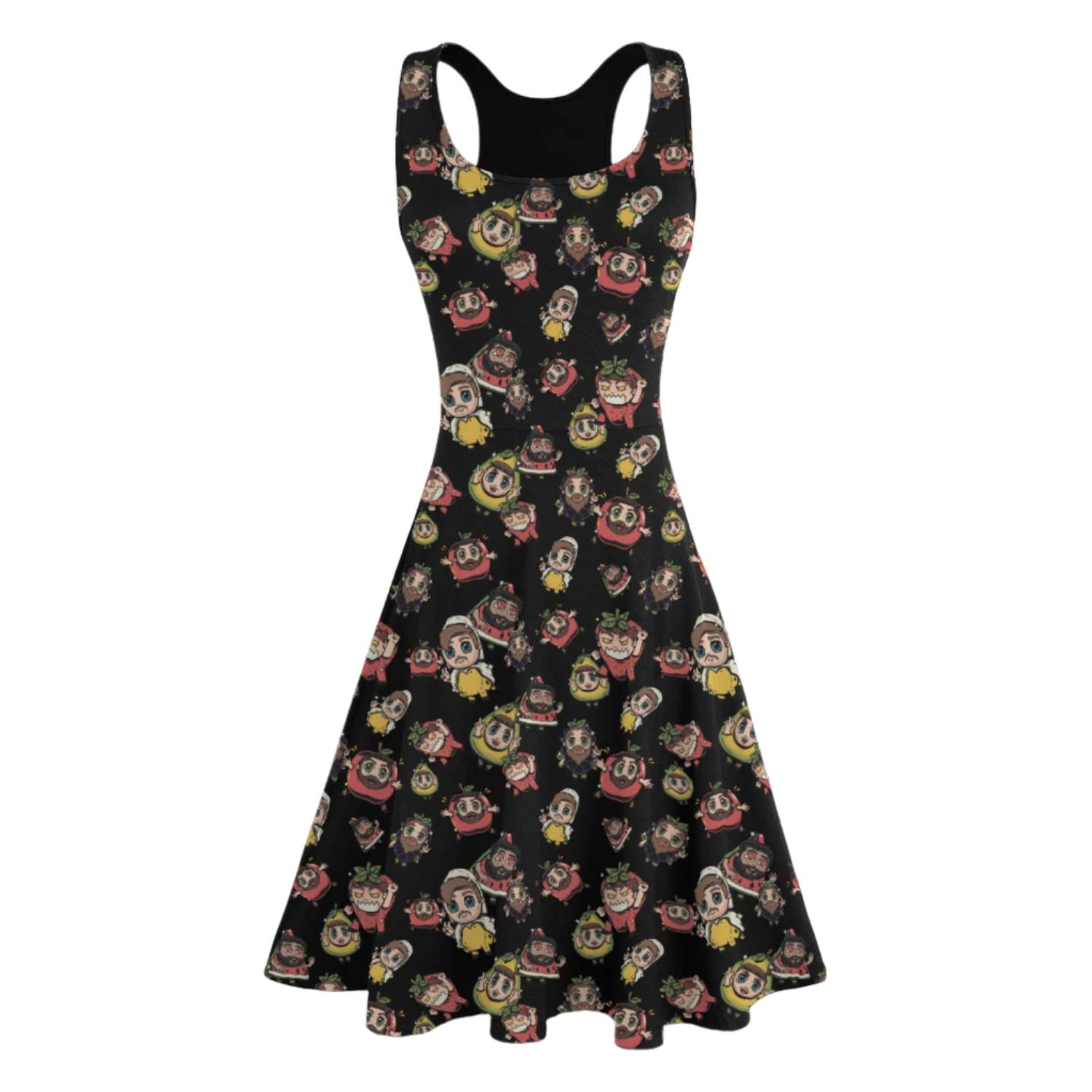 A sleeveless, racerback, round scoop neck, above knee length black dress with a pattern of cartoon characters.