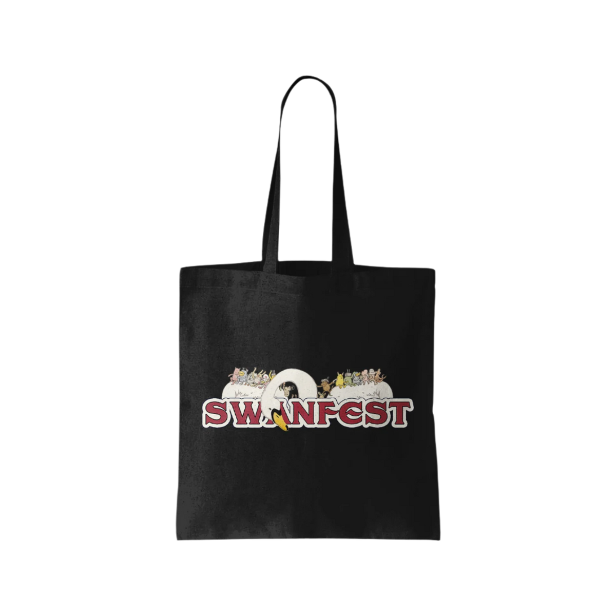 A black cotton tote bag with 'SWANFEST' printed on the front and a graphic design.