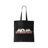 A black cotton tote bag with 'SWANFEST' printed on the front and a graphic design.