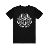 A black T-shirt with a geometric pattern design in the center.
