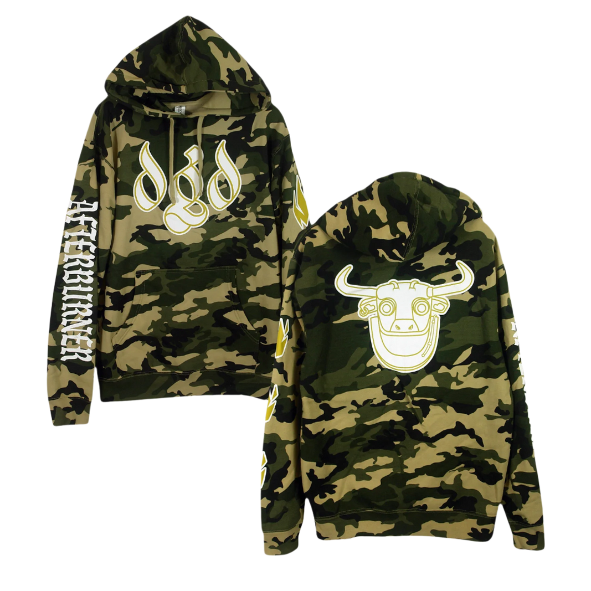 Camo pullover hoodie with a fleece lined hood, featuring 'Dance Gavin Dance' text and a bull's head logo in white on the front and back.