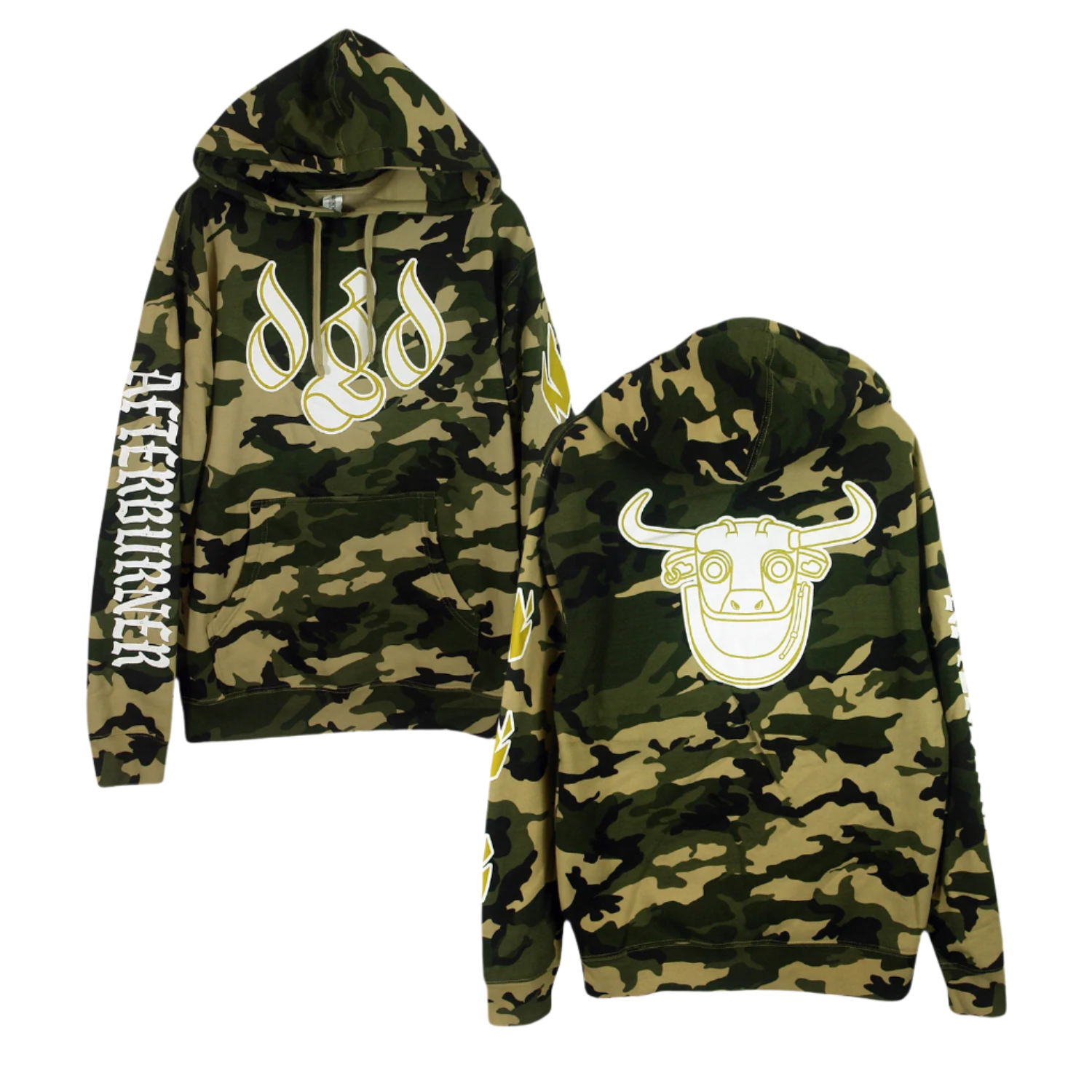 Camo pullover hoodie with a fleece lined hood, featuring 'Dance Gavin Dance' text and a bull's head logo in white on the front and back.