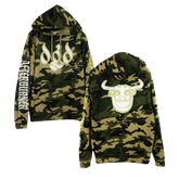 Camo pullover hoodie with a fleece lined hood, featuring 'Dance Gavin Dance' text and a bull's head logo in white on the front and back.