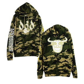 Camo pullover hoodie with a fleece lined hood, featuring 'Dance Gavin Dance' text and a bull's head logo in white on the front and back.