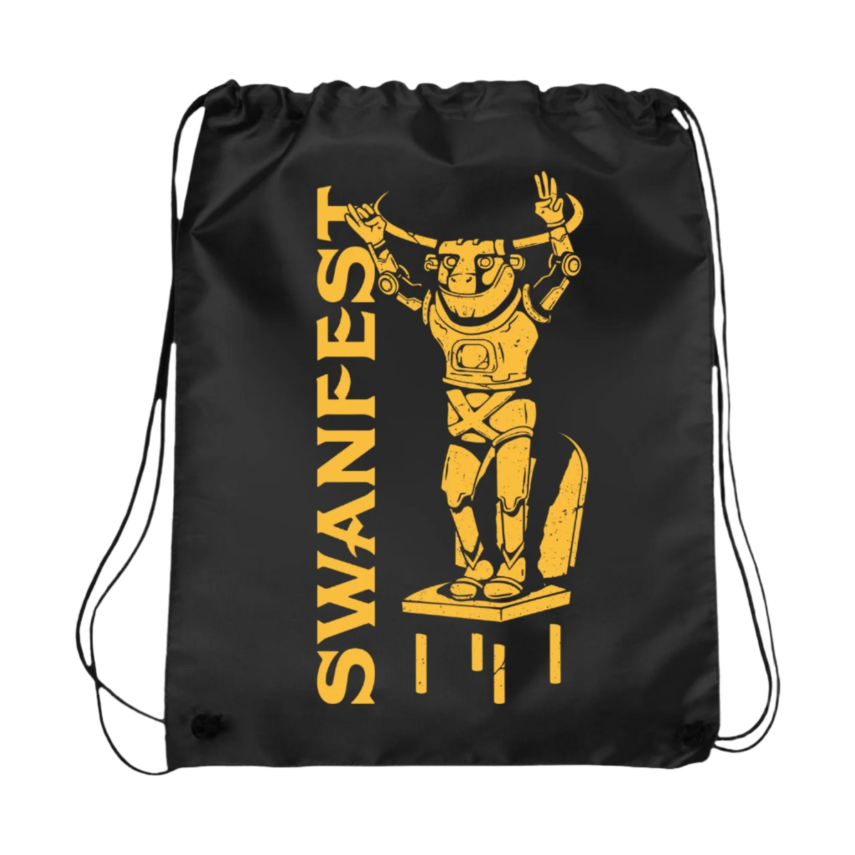 Black drawstring bag with 'SWANFEST' text and a graphic of a cartoonish robot 