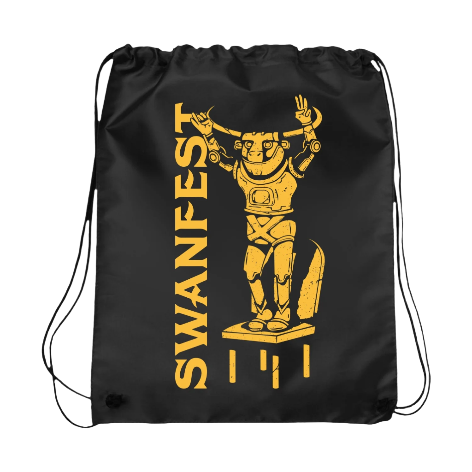 Black drawstring bag with 'SWANFEST' text and a graphic of a cartoonish robot 
