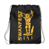 Black drawstring bag with 'SWANFEST' text and a graphic of a cartoonish robot 