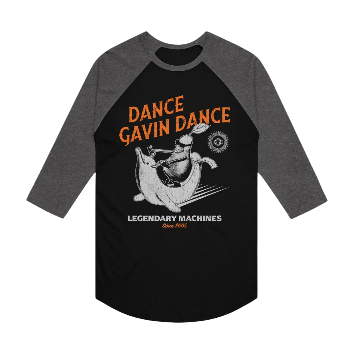 A black and gray baseball tee with 'DANCE GAVIN DANCE Legendary Machines' text and an illustration of a pear character riding a banana shaped motorcycle