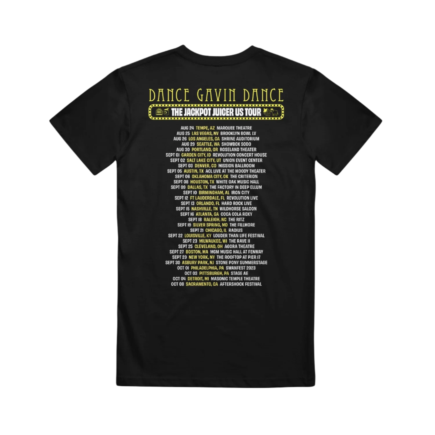 Black t-shirt with yellow and white Dance Gavin Dance Jackpot Juicer US Tour Dates. 