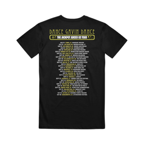 Black t-shirt with yellow and white Dance Gavin Dance Jackpot Juicer US Tour Dates. 