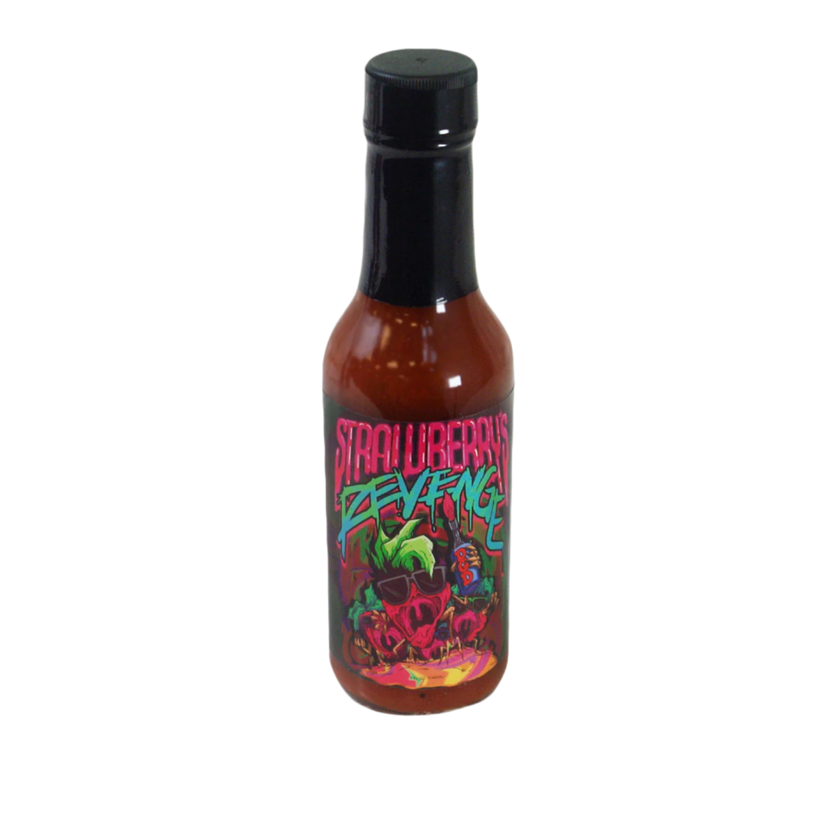 Hot sauce bottle with colorful Strawberry's Revenge label 