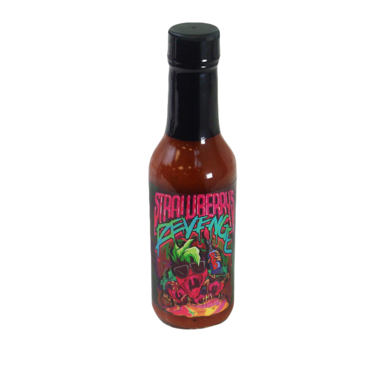 Hot sauce bottle with colorful Strawberry's Revenge label 