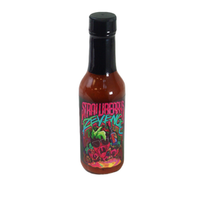 Hot sauce bottle with colorful Strawberry's Revenge label 