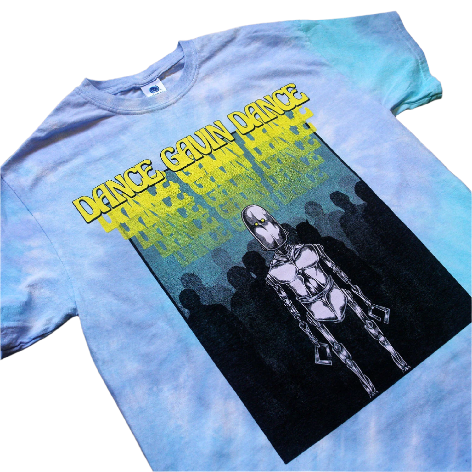Tie-dye t-shirt with robot graphic and 'Dance Gavin Dance' text 
