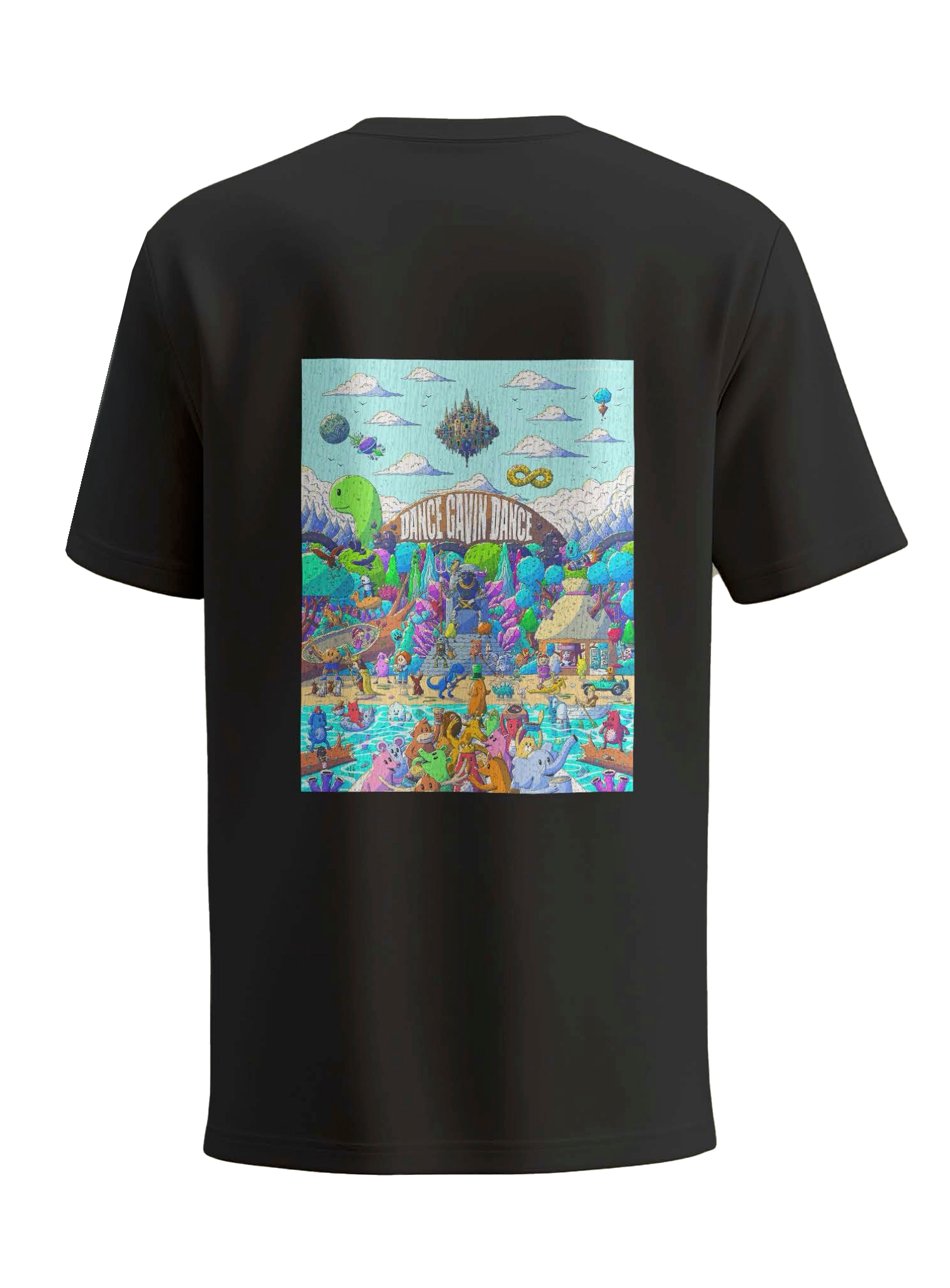 Black t-shirt with a colorful underwater scene design on the back against a white background