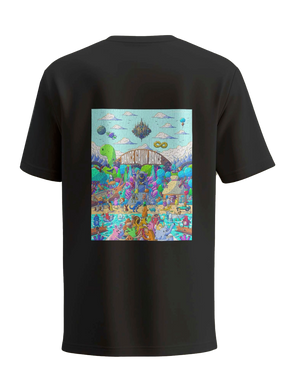 Black t-shirt with a colorful underwater scene design on the back against a white background