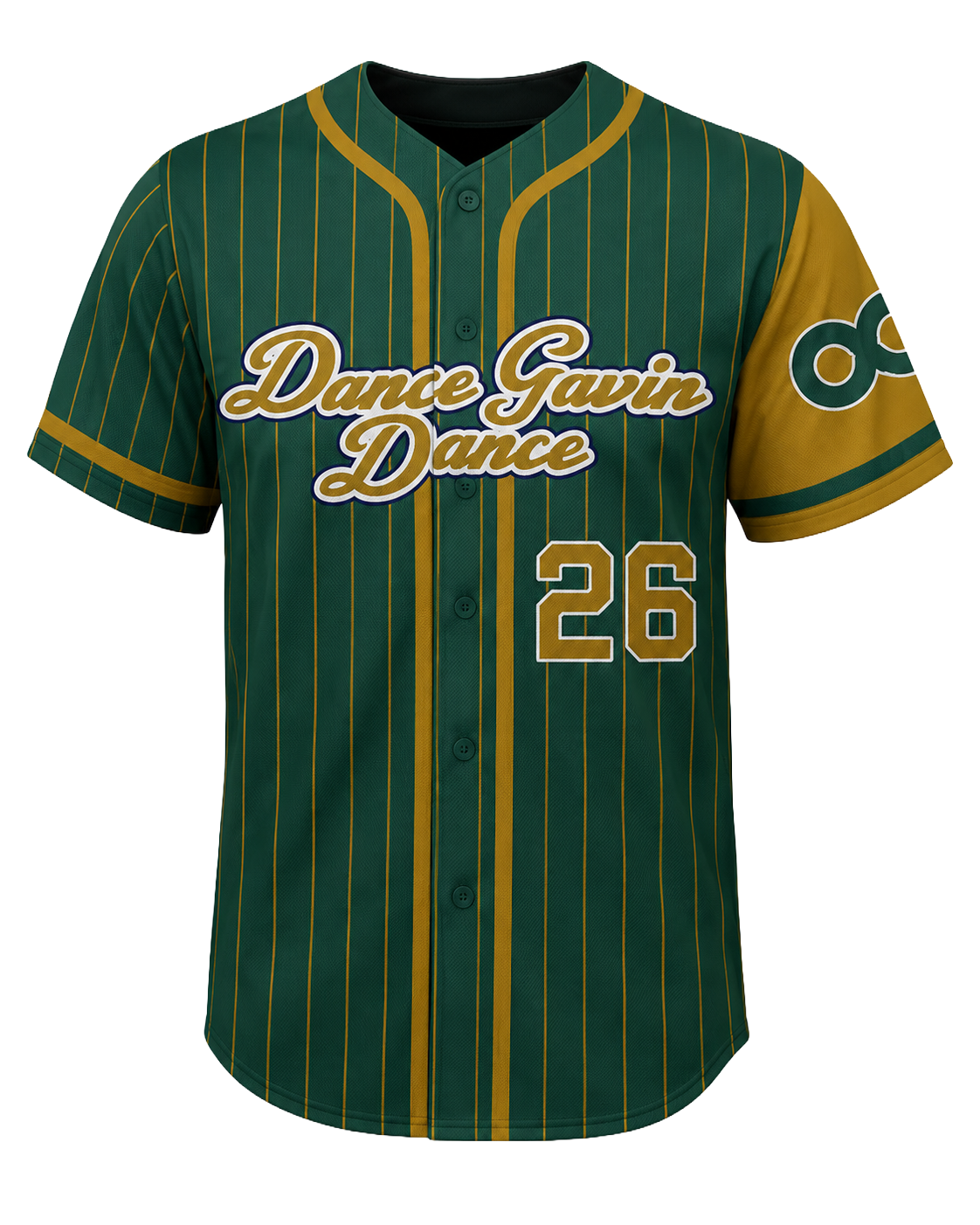 Green and gold baseball jersey with 'Dance Gavin Dance' and number 26 on a white background