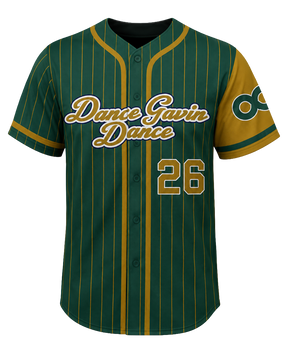 Green and gold baseball jersey with 'Dance Gavin Dance' and number 26 on a white background