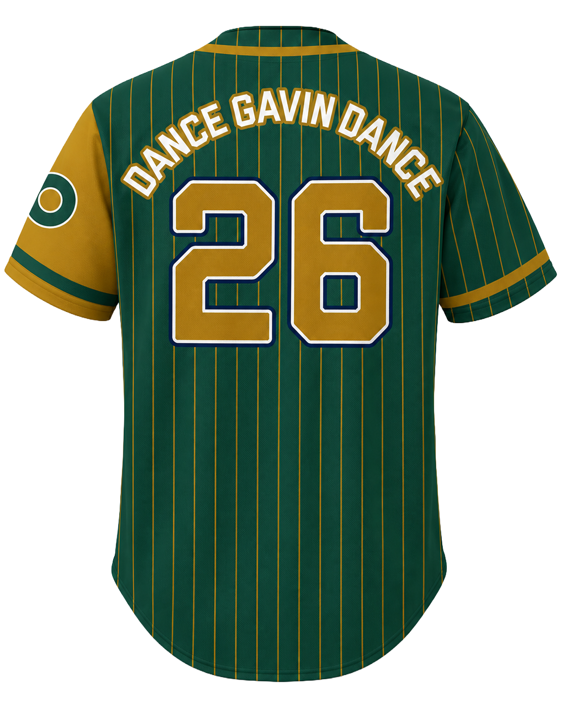 Green and yellow baseball jersey with 'Dance Gavin Dance' and number 26 on a white background