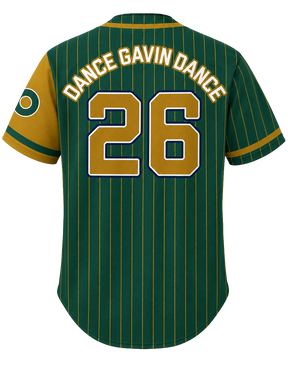 Green and yellow baseball jersey with 'Dance Gavin Dance' and number 26 on a white background