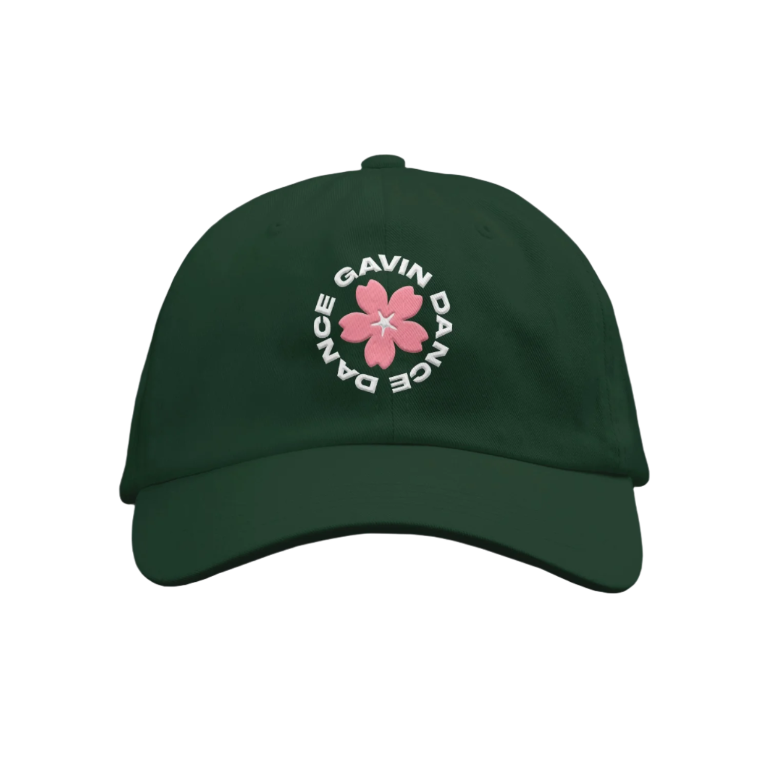 A forest green dad hat with a cherry blossom design and the text 'DANCE GAVIN DANCE' embroidered on the front.