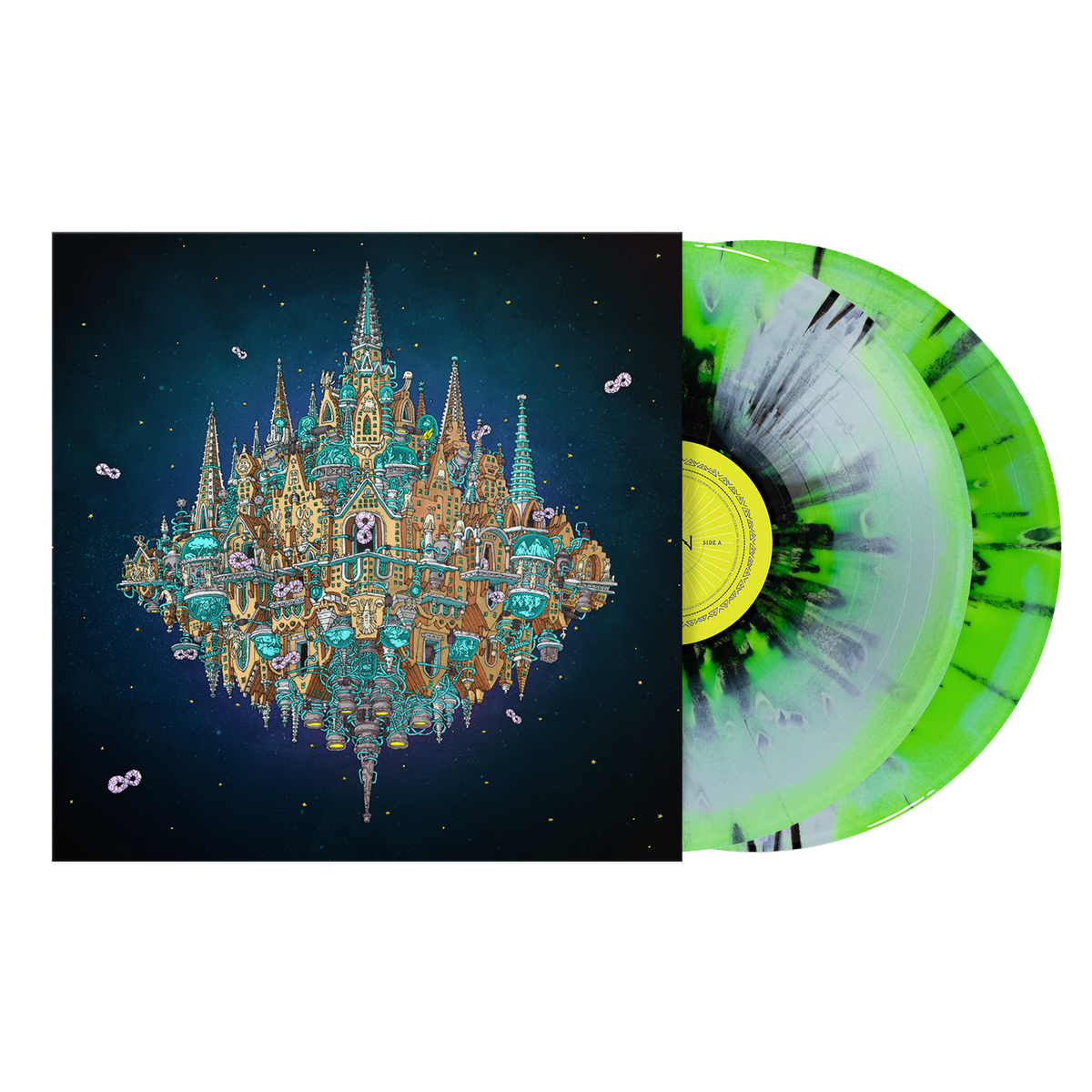 Vinyl record with a colorful cover design on a white background