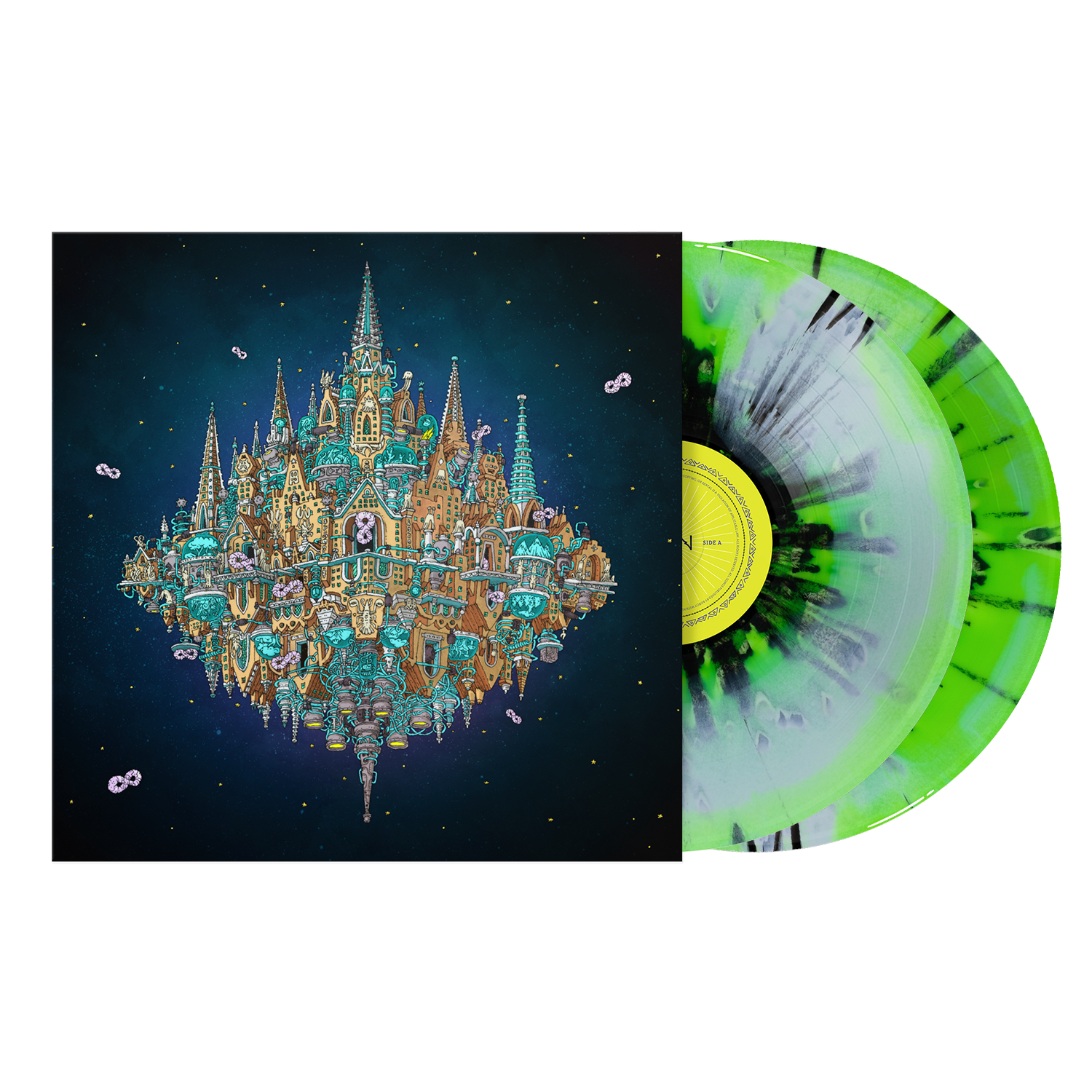 Vinyl record with a colorful cover design on a white background