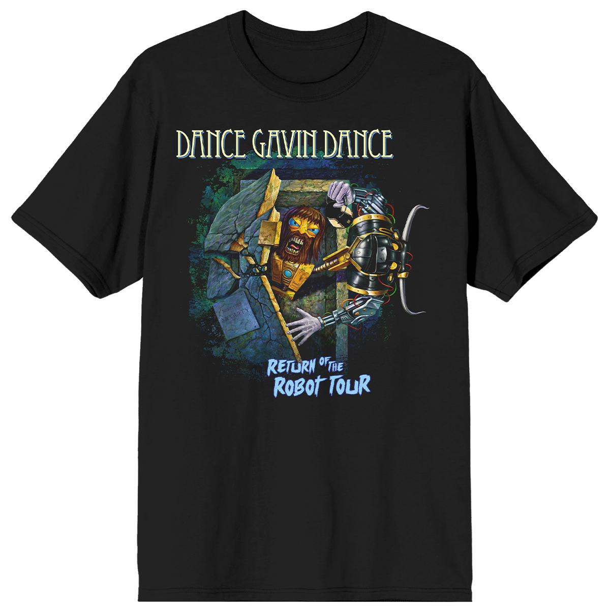 Black t-shirt with 'Dance Gavin Dance' graphic and text on a white background