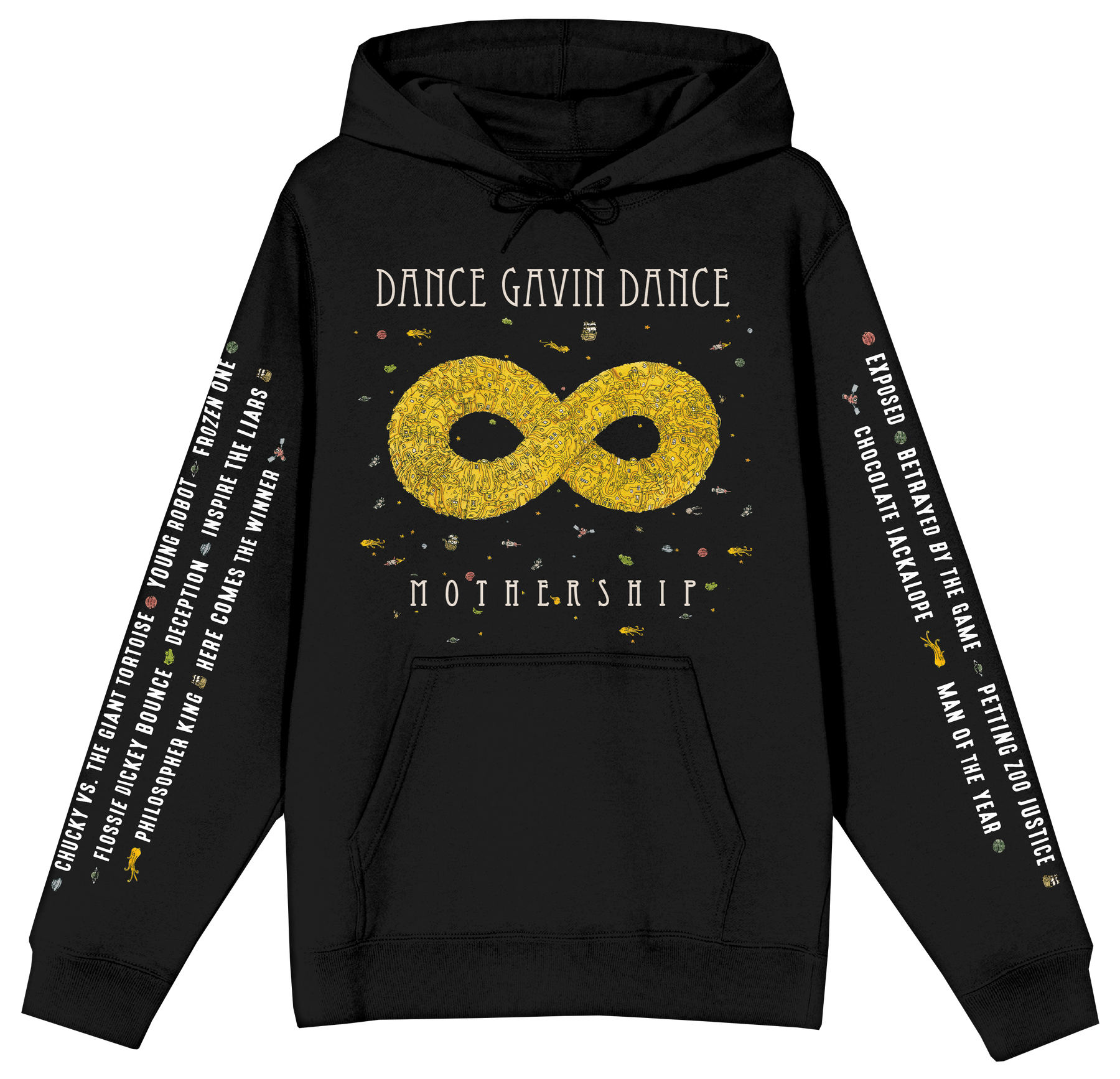 A black pullover hoodie with a gold glitter infinity symbol on the chest, surrounded by the text 'DANCE GAVIN DANCE' above and 'MOTHERSHIP' below. The sleeves feature white and gold text running down the sides.