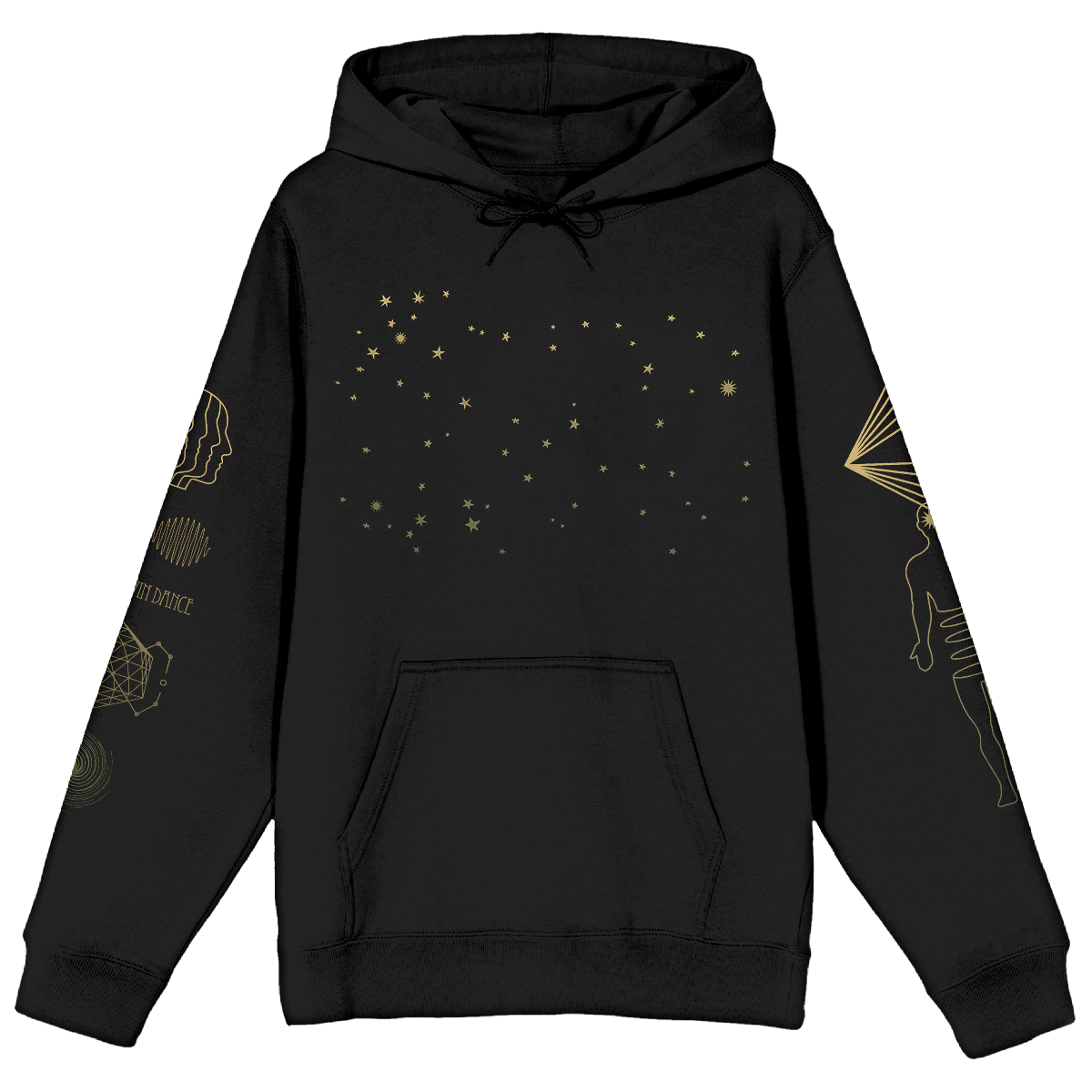 Black hoodie with celestial designs on a white background