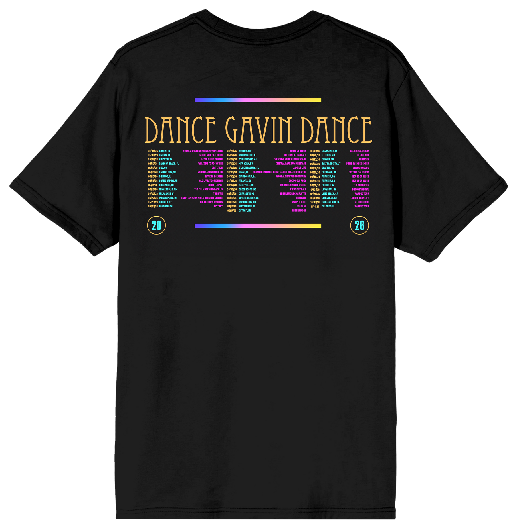 A black short-sleeve t-shirt shown from the back, featuring a colorful graphic print with the text 'DANCE GAVIN DANCE' in gold, a rainbow-colored horizontal line, a list of names in rainbow colors, and the number '20' in two small circles at the bottom.